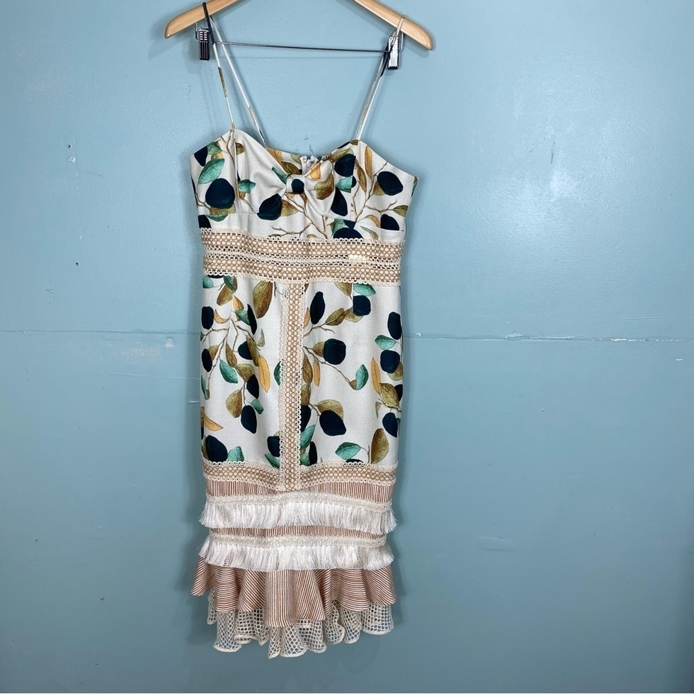 PatBo‎ Fruta Print Fitted Midi Dress Sz 12 Creme & Green